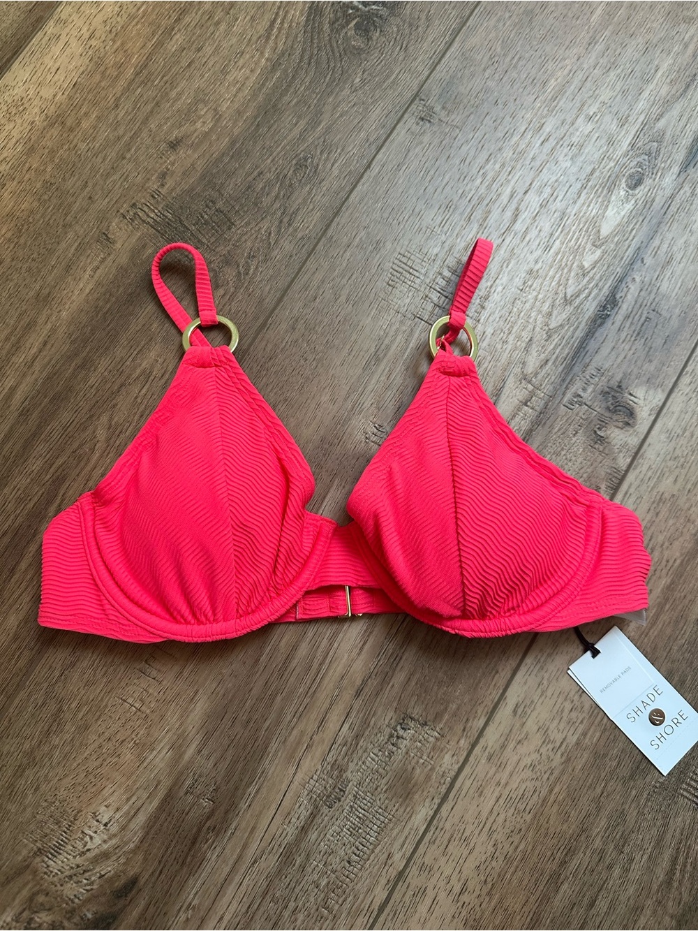 NWT! Shade & Shore Bikini Top, Ribbed, Textured, Coral Pink, Wired, Gold, 36B